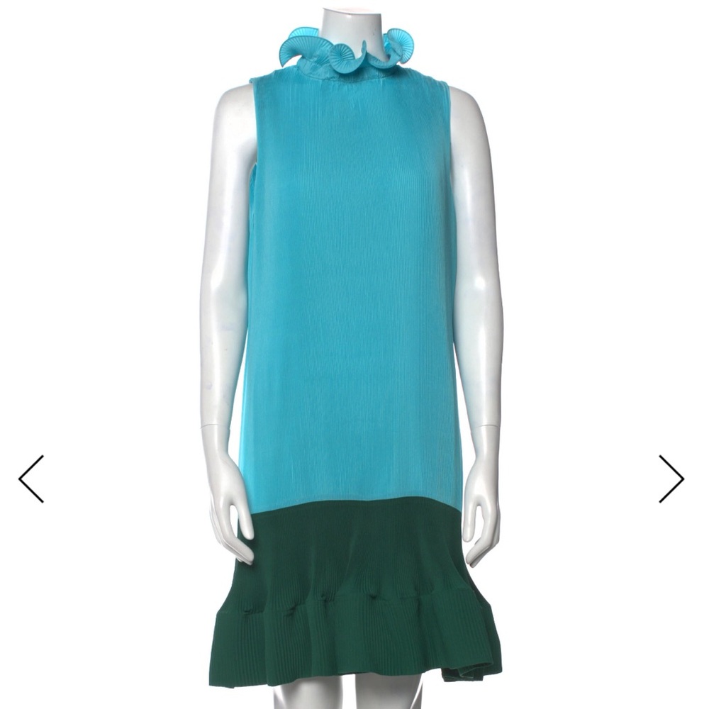 Tibi Mock Neck Teal and Green Mini Dress